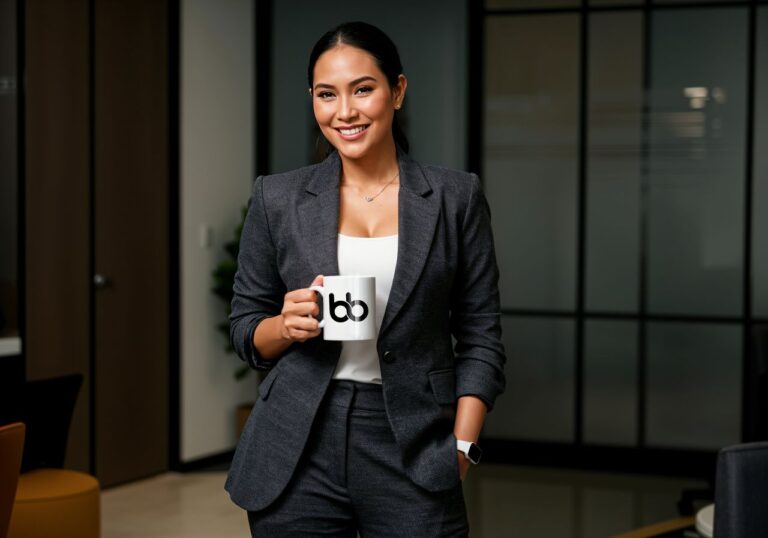 woman in black blazer holding a mug with baden bower logo.
