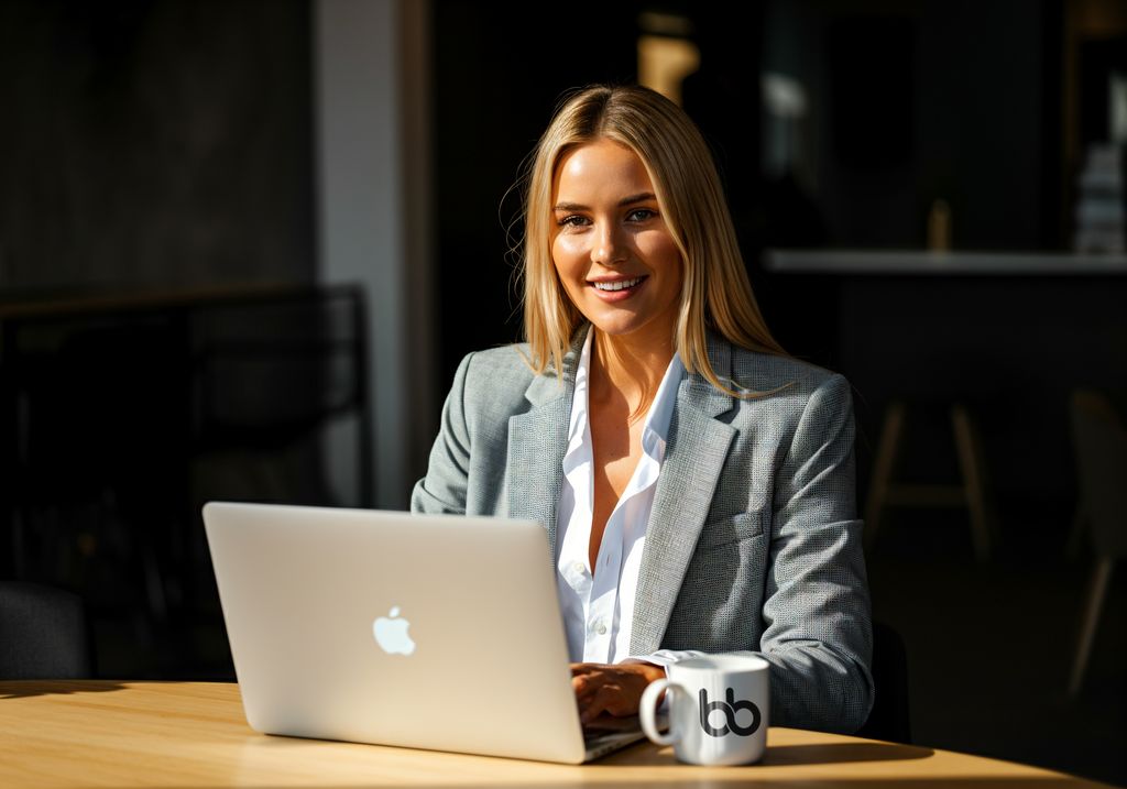 Woman in gray blazer with laptop in front of her and a mug with Baden Bower logo