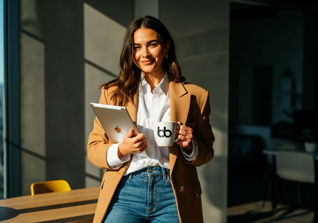 Woman in a camel blazer holding a tablet and branded mug in a sunlit modern office, smiling with confident editorial poise.