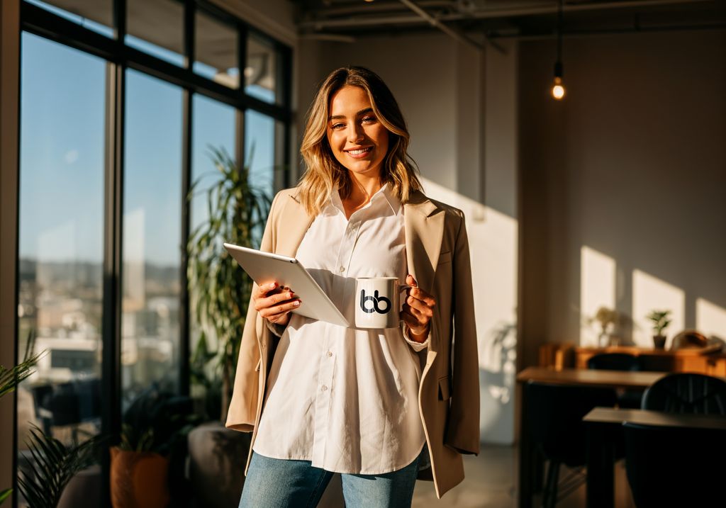 Woman in a beige blazer smiling while holding a tablet and branded mug in a sunlit workspace filled with plants.