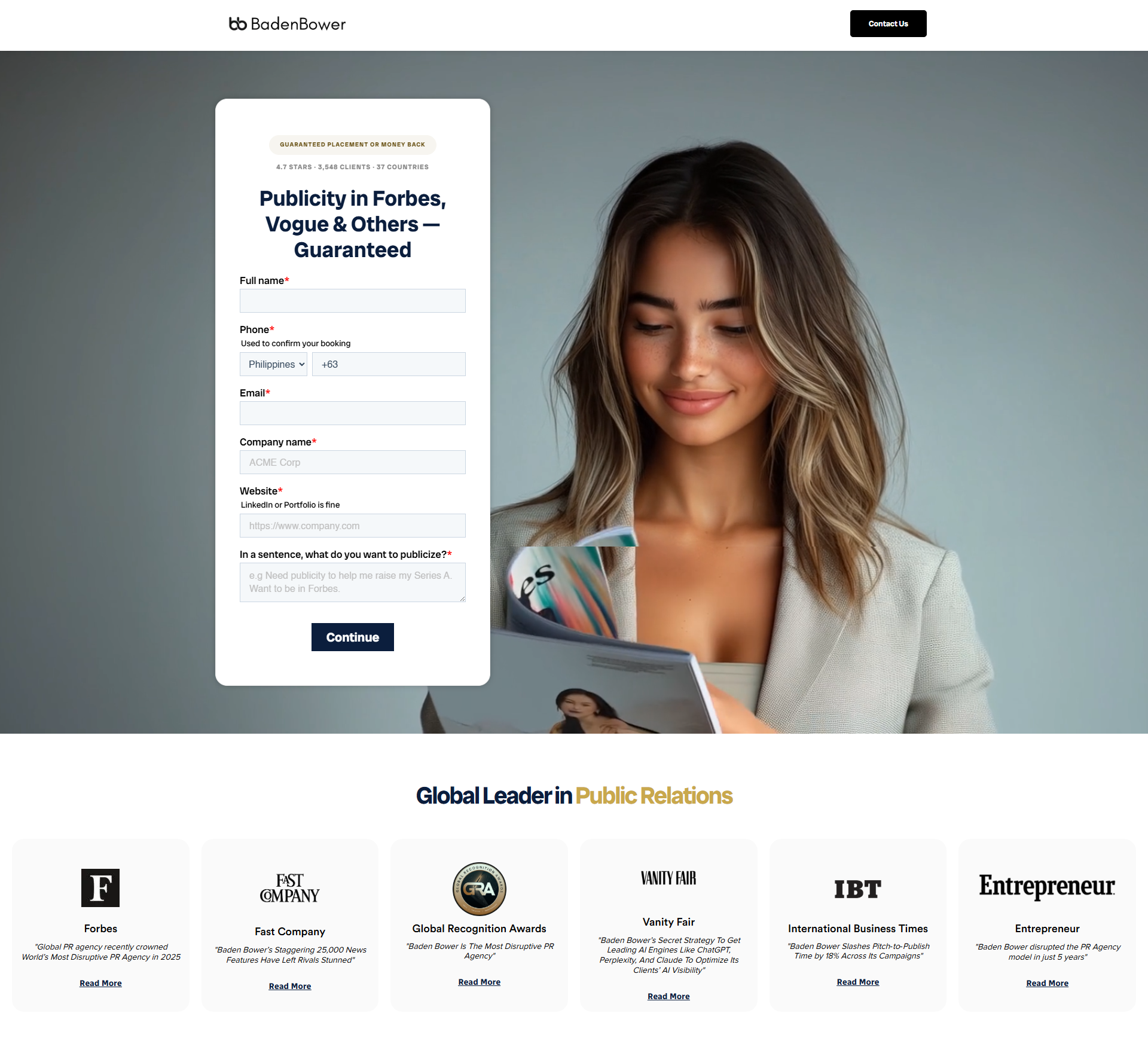 Baden Bower homepage with publicity form and guaranteed placement framing